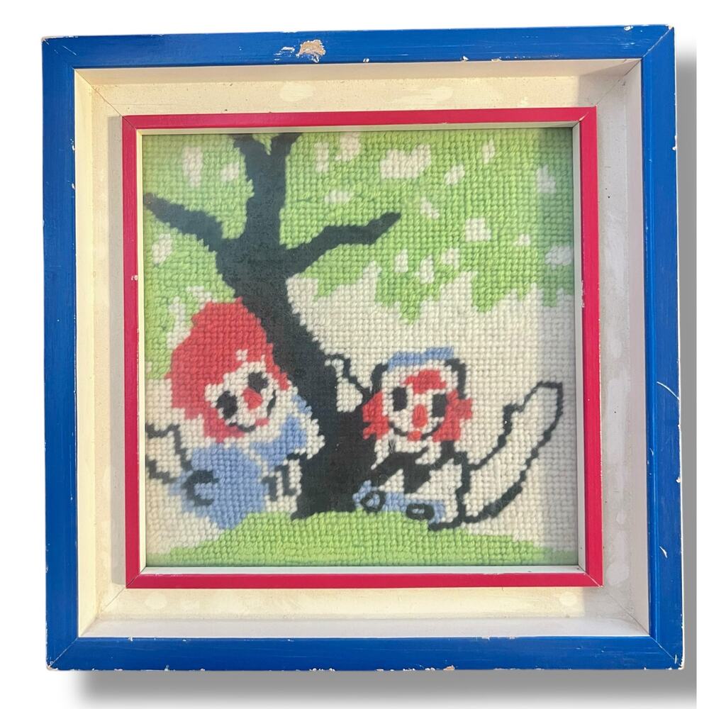 Vintage framed Raggedy Ann and Andy needle point